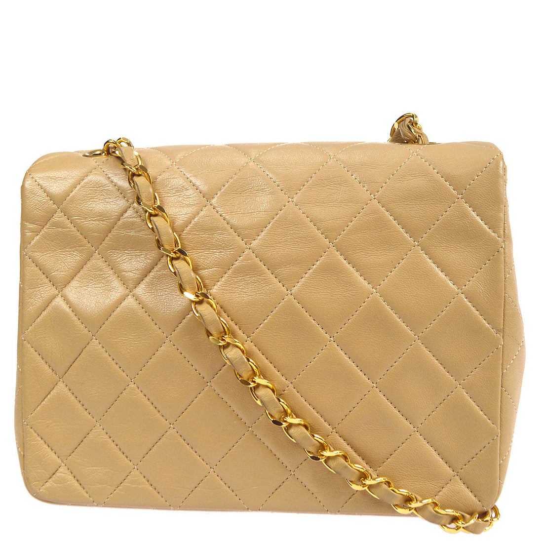 Chanel 1989-1991 Beige Lambskin Classic Square Flap Shoulder Bag 20