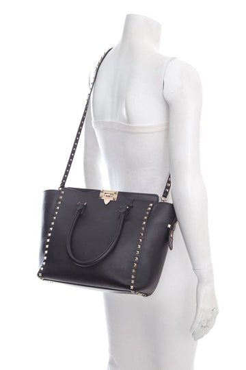 Valentino Black Leather Rockstud Tote Handbag