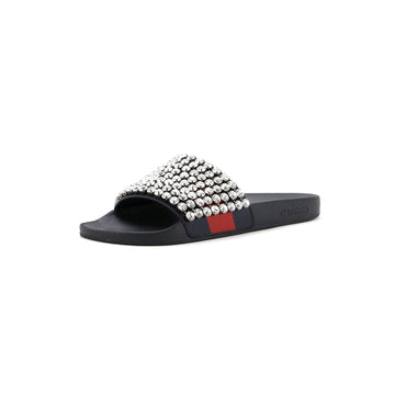 Women's Web Slide Sandals Leather and Rubber with Crystals