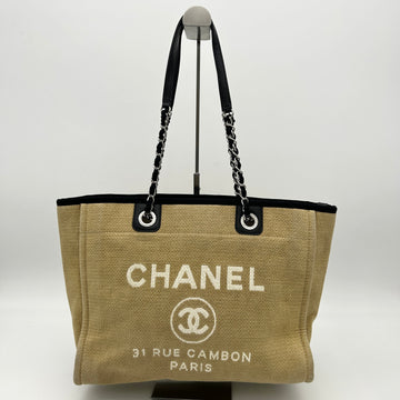 CHANEL Straw Raffia Calfskin Chain Medium Deauville Tote Beige LA42108