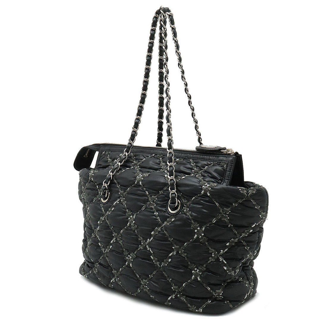 CHANEL CHANEL PARIVISANCE KILTING Chain Shoulder Bag Nylon Dark Grey Black Silver  A50633