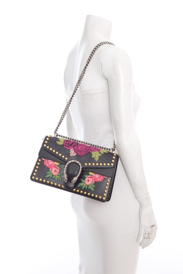 Gucci Dionysus Embroidered Floral Black Leather "Blind For Love" Handbag