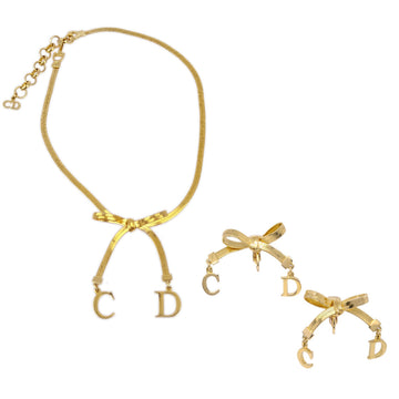 Christian Dior Bow Pendant Necklace Earrings Clip-On Set Gold