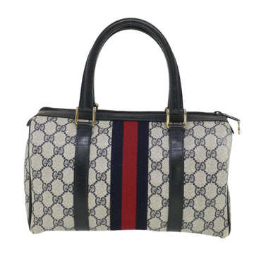 GUCCI GG Canvas Sherry Line Hand Bag PVC Leather Gray Red Navy am3714