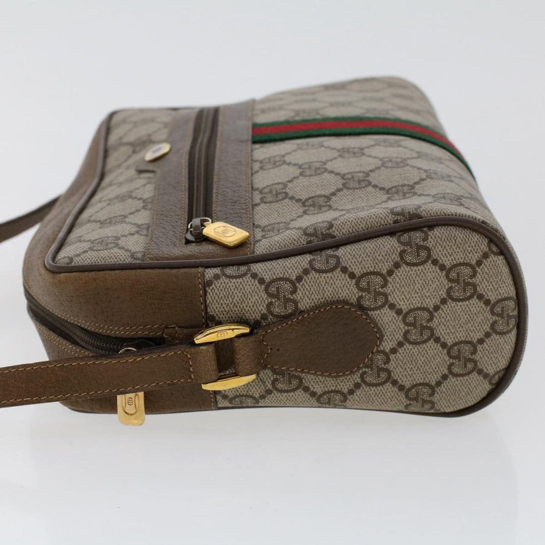 GUCCI GG Canvas Web Sherry Line Shoulder Bag PVC Leather Beige Red am4836
