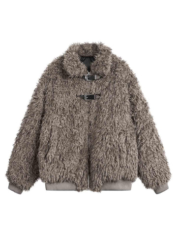 Makersluxe Metal leather button Faux Fur Jacket
