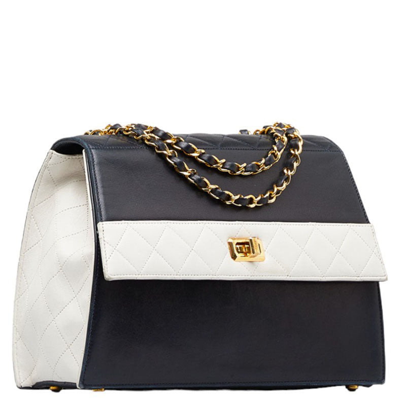 Chanel Vintage Mattress Wicker Gold  Chain houlder Bag Navi White  Lady Chanel