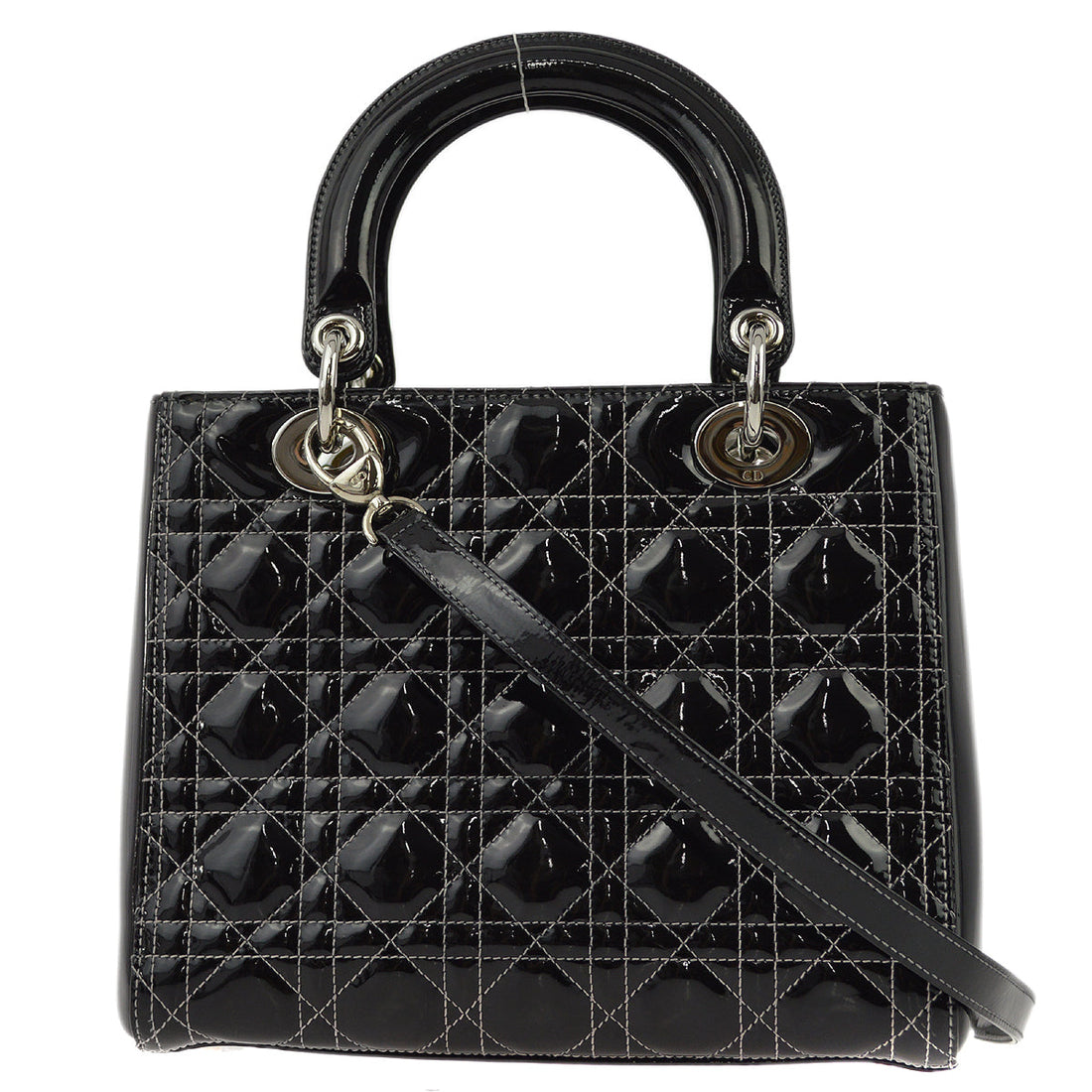 Christian Dior Black Patent Lady Dior Cannage 2way Shoulder Handbag