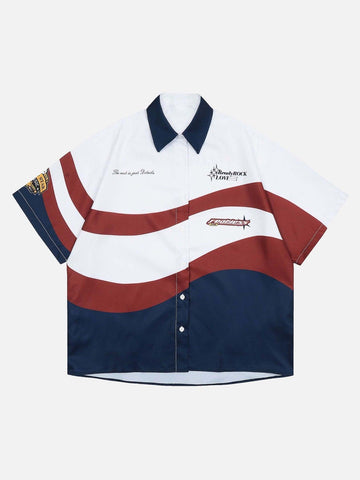 Sneakerland American Style Color Block Print Lapel Shirt