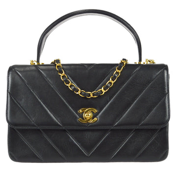 Chanel 1994-1996 V Stitch 2way Shoulder Handbag Black Lambskin