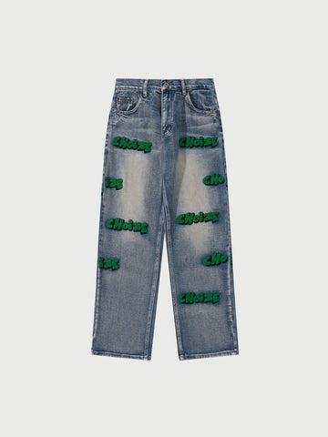 Straight Leg Mid Waist Letter Flocking Jeans