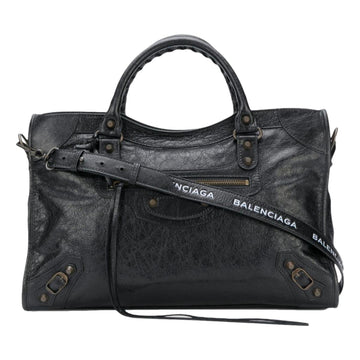Balenciaga Classic City Black Arena Leather Logo Strap Satchel