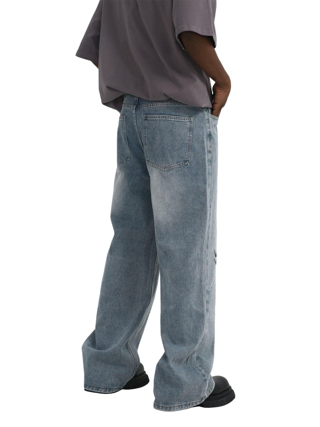 Makersluxe Hip-Hop Shining Cross Hot Diamond Distressed Washed  Baggy Jeans