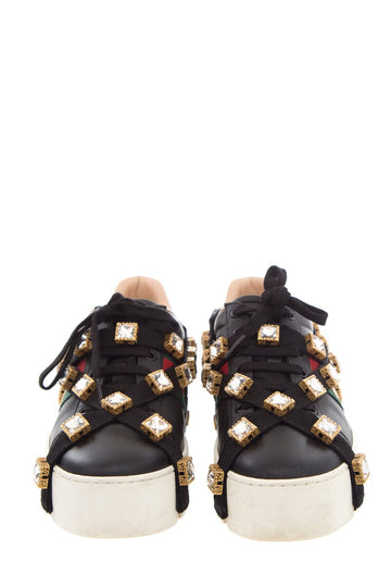 Gucci Black Leather & Rhinestone Sneakers SZ 38