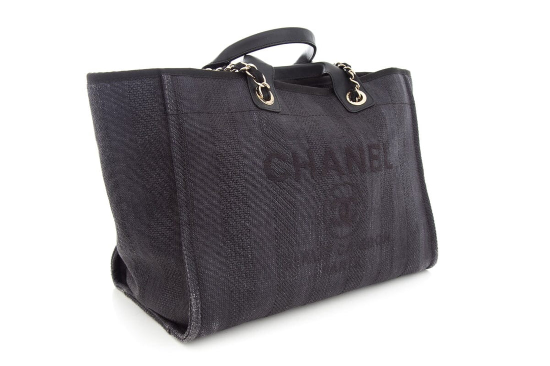 Chanel Chambray and Black Raffia Large Deauville Shopping Tote