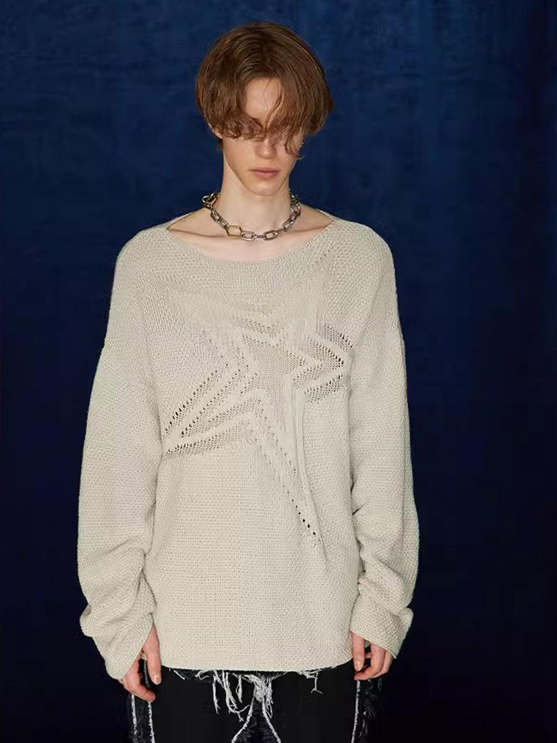 Makersluxe Star Cutout Dropped Shoulder Knit Sweater