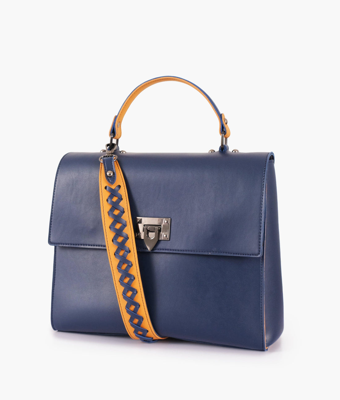 Blue flap-over top-handle bag