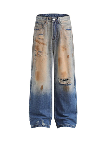 Makersluxe Retro Ripped Washed Patina Street Hip-Hop Jeans