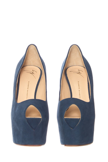 Guiseppe Zanotti Dark Blue Suede Peep Toe Platforms SZ 40