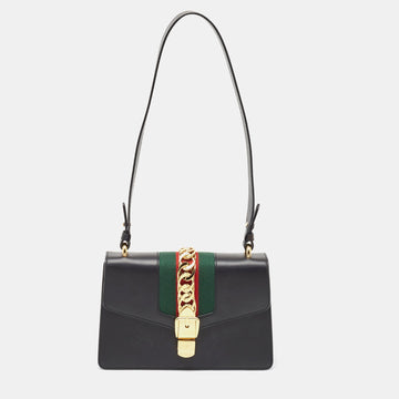 Gucci Black Leather Small Web Sylvie Shoulder Bag