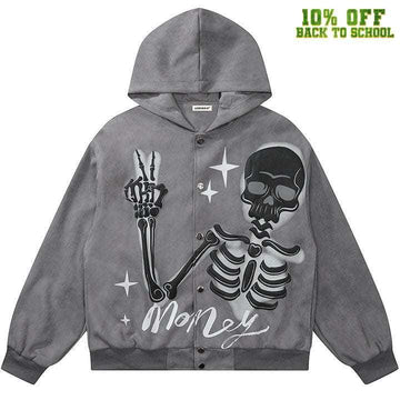 Makersluxe® High Street Button Up Hoodie Skeleton Print