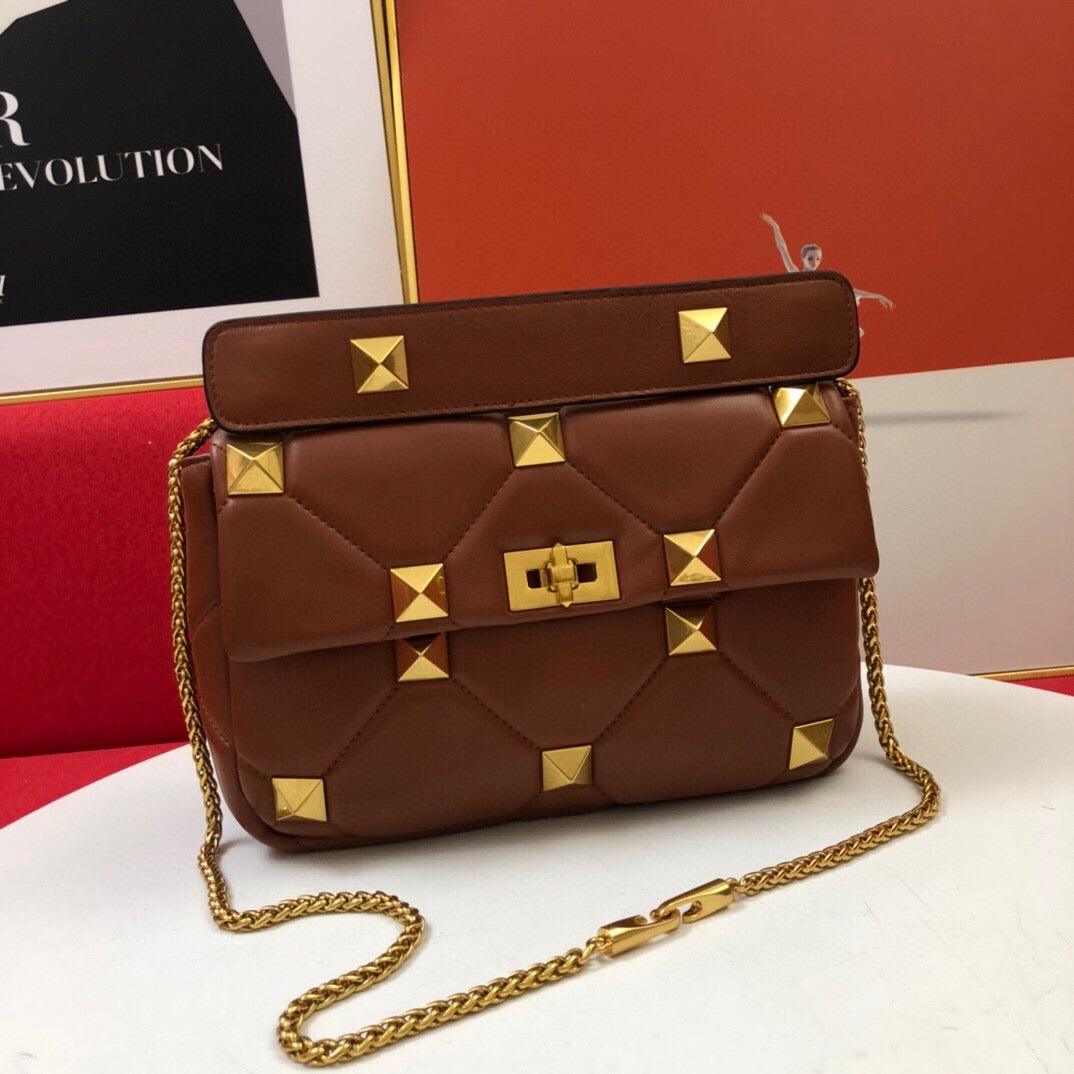 Makersluxe - Rivet Shoulder Bag With Chain Brown