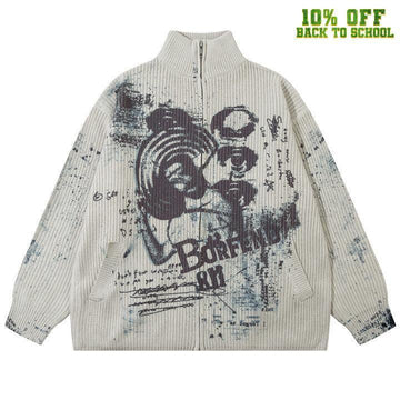 Makersluxe® Chunky Knit Zipper Sweater Portrait Graffiti