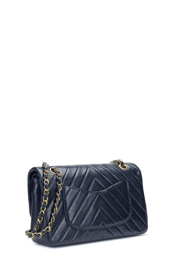 Chevron Lambskin Medium Classic Flap Bag Navy with Gold Hardware