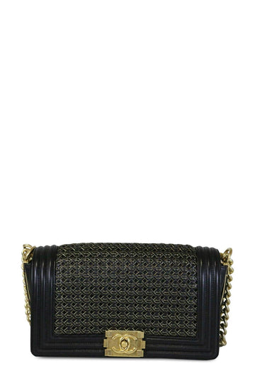Medium Lambskin Leather Braided Boy Black with Gold Hardware