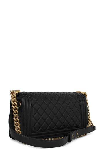 Quilted Calfskin Old Medium Boy Black with Gold Hardware