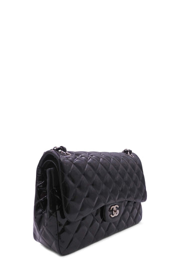 Quilted Patent Jumbo Classic Flap Bag with Silver Hardware Black