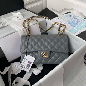 Makersluxe - Classic Flap Handbag Gray Lambskin Gold