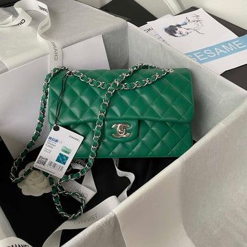 Makersluxe - Classic Flap Handbag Green Lambskin Silver