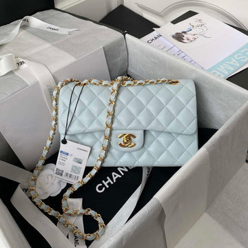 Makersluxe - Classic Flap Handbag Light Blue Lambskin Gold