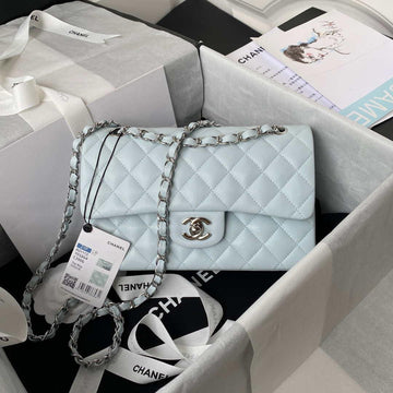 Makersluxe - Classic Flap Handbag Light Blue Lambskin Silver