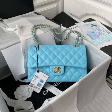 Makersluxe - Classic Flap Handbag Lake Blue Lambskin Gold