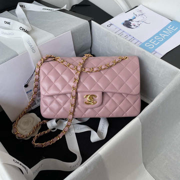 Makersluxe - Classic Flap Handbag Light Pink Lambskin Gold