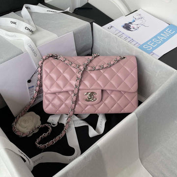 Makersluxe - Classic Flap Handbag Light Pink Lambskin Silver