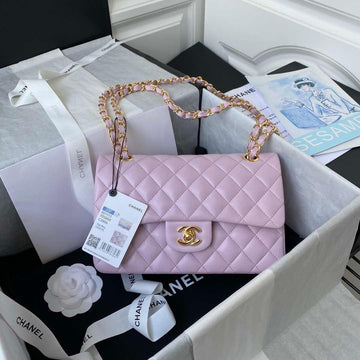 Makersluxe - Classic Flap Handbag Light Pink Lambskin Gold