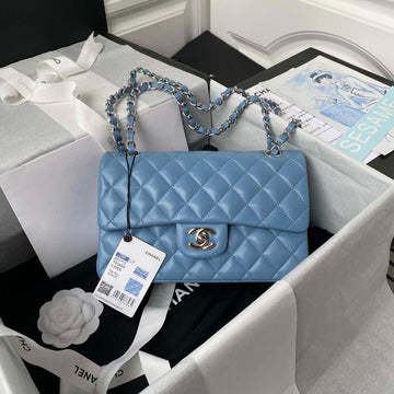 Makersluxe - Classic Flap Handbag Sky Blue Lambskin Silver