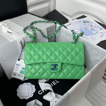 Makersluxe - Classic Flap Handbag Green Lambskin With Blue Hardware