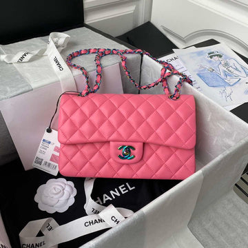 Makersluxe - Classic Flap Handbag Pink Lambskin With Blue Hardware