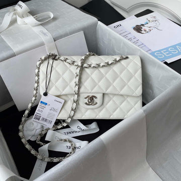 Makersluxe - Classic Flap Handbag Grained shiny Calfskin White Silver