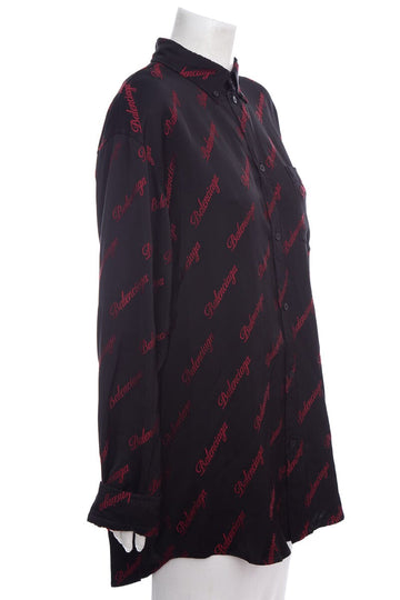 Balenciaga Black & Red Silk Long Sleeve Script Logo Blouse SZ 38 NWT