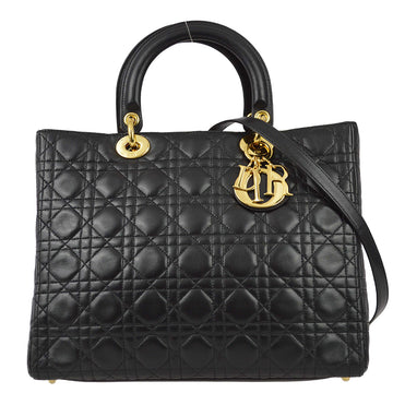Christian Dior 1997 Black Lambskin Lady Dior Cannage 2way Handbag
