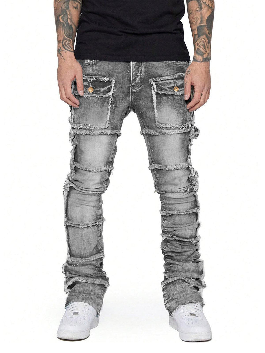 Makersluxe Stretch Patch Layered Bootcut Stacked Jeans