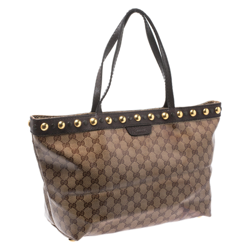 Gucci Beige/ebony Gg Crystal Canvas And Leather Medium Babouska Tote