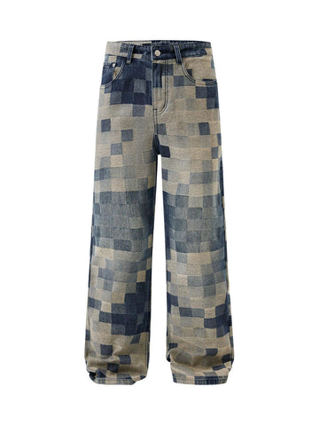 Makersluxe Checkerboard Jacquard Wide Leg Jeans - 2193