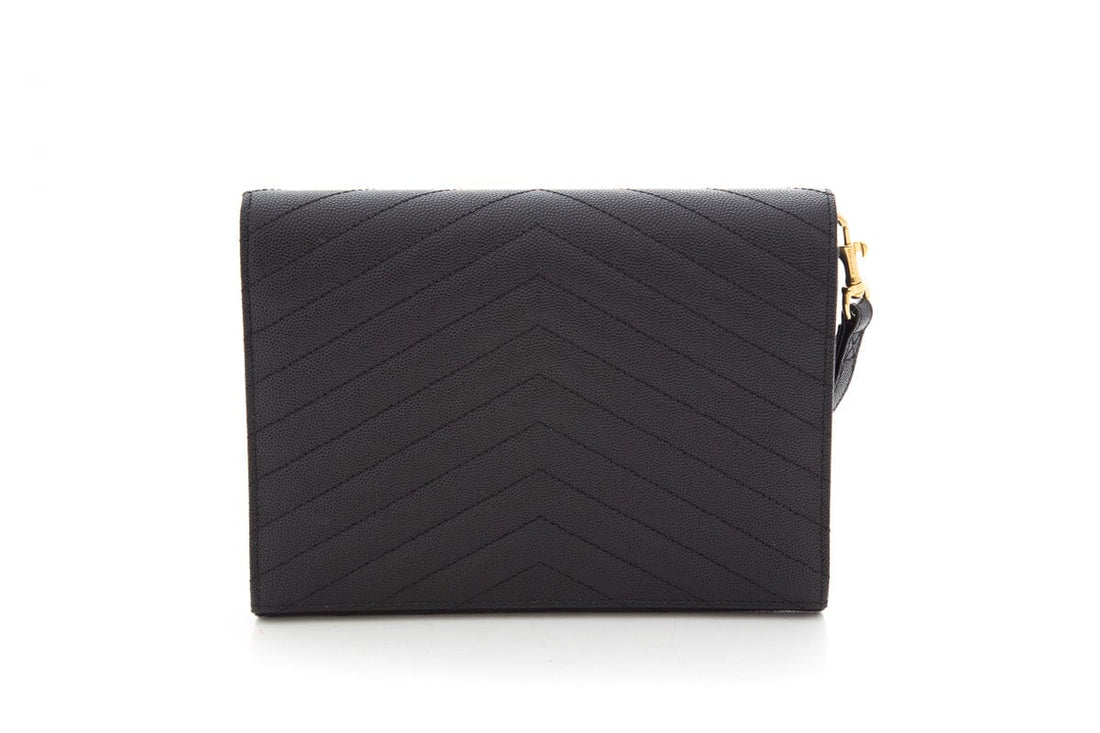 YSL Matelasse Grain De Poudre Black Leather Envelope Flap Pouch Clutch Bag