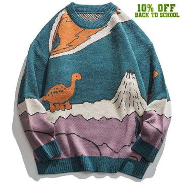 Makersluxe® Knitted Sweater Cartoon Dinosaur and Volcanoes
